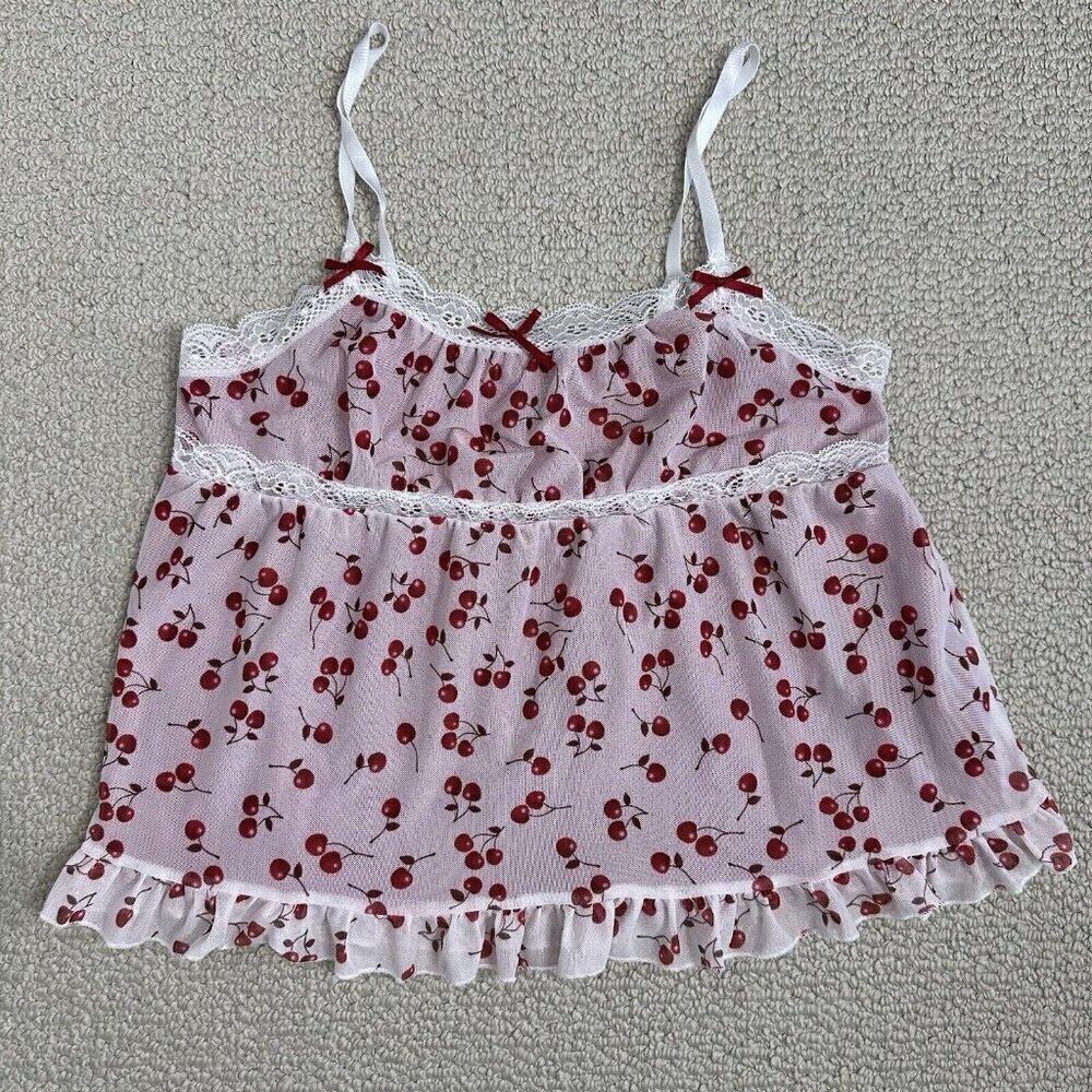 Y2K Babydoll Cherry print Lace Trim Cami Tank top Size L